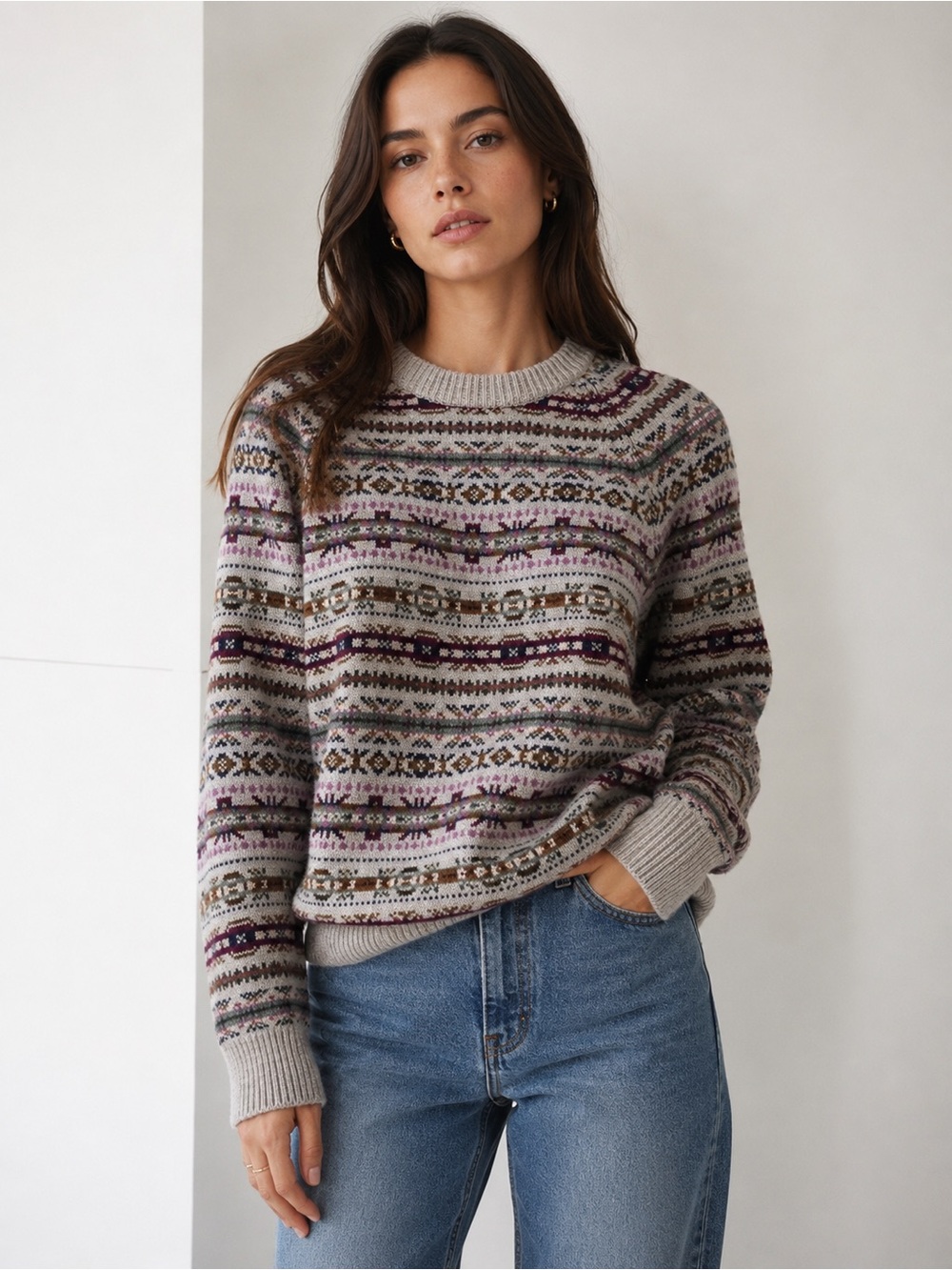 JCrew 100% Lambs Wool Intarsia Sweater Gray Purple Fair Isle Womens Size Small